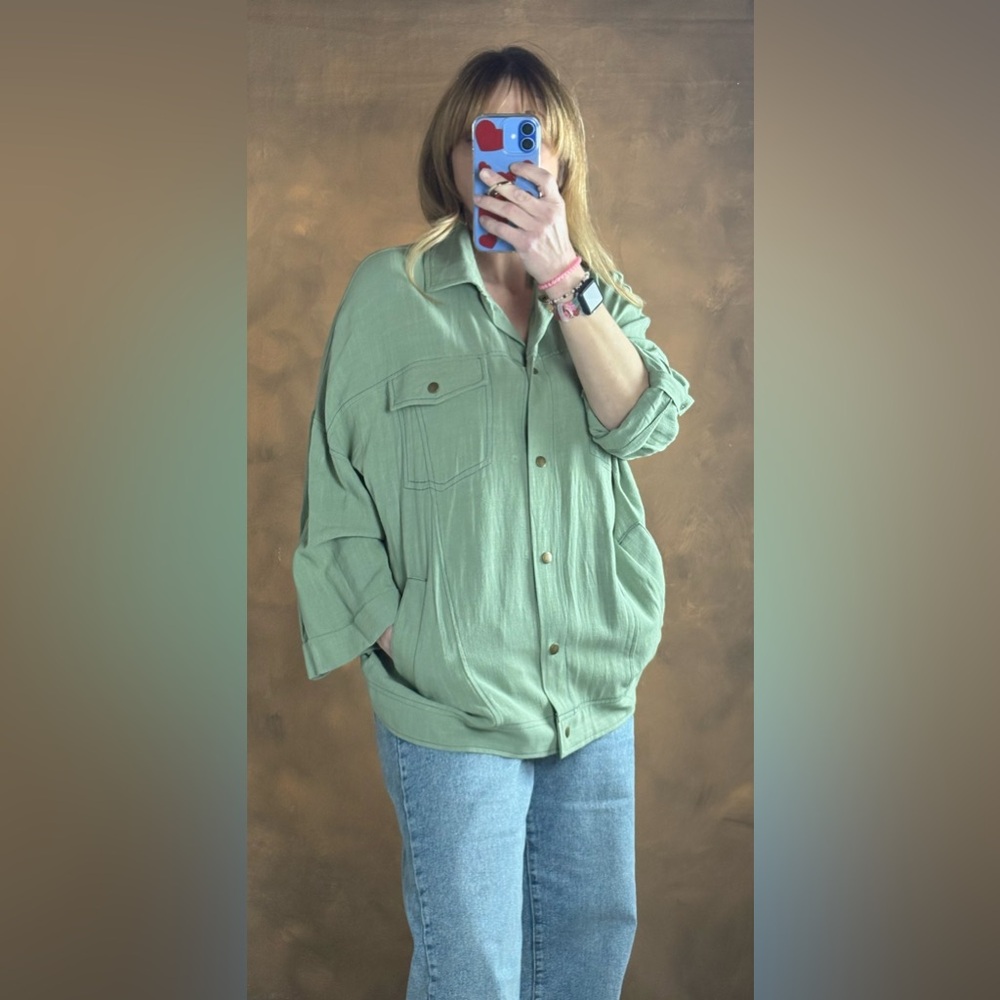 White Birch Oversized Green Button-Up Top